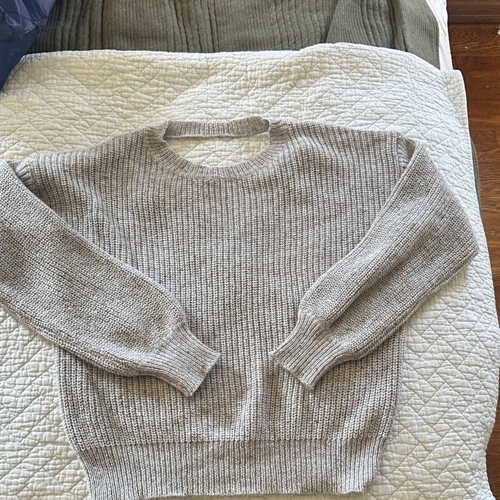 Lumiere Women's Gray Knit Crew Neck Sweater - Open Back